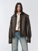 "Barn Feelings" Vintage Distressed Vegetable Tanned Sheepskin Sleeves Removable Two-Way Genuine Leather Jacket