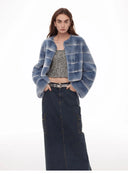 "Dream Chaser" round Neck Short Horizontal Spray Stripe Contrast Color Loose Imported Rex Rabbit Fur Coat