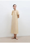 "First Love Island" Cotton Stand Collar Pleated Short Sleeve Shirt Dress for Women
