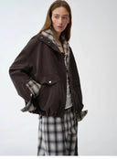 "Monsoon Climate" Retro Plaid Stitching Cotton Fabric Silhouette Spring New Short Jacket for Women