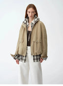"Monsoon Climate" Retro Plaid Stitching Cotton Fabric Silhouette Spring New Short Jacket for Women