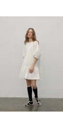 "Dream Island" Hepburn Style White Dress Temperament High-End Puff Sleeve Dress for Women