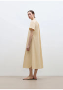 "First Love Island" Cotton Stand Collar Pleated Short Sleeve Shirt Dress for Women