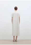 "First Love Island" Cotton Stand Collar Pleated Short Sleeve Shirt Dress for Women