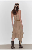 "Heart-Beating Invitation" Lazy Copper-Ammonia Rayon V-Neck Irregular Adjustable Mid-Length Suspender Dress
