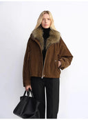 Custom-Woven Flocked Denim, Detachable Raccoon Fur Collar, 90% White Goose down Jacket, Loose Parka for Women
