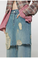 Tencel Blended Fake Two-Piece Stitching Jeans Women'S Ripped Raw Edge Straight Wide-Leg Pants"Fashionable Sniper"