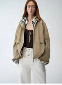 "Monsoon Climate" Retro Plaid Stitching Cotton Fabric Silhouette Spring New Short Jacket for Women