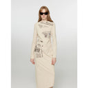 "Style in the City" Original Printed One-Shoulder Bias-Cut Dress Women'S Pleated Waist Slimming Long Dress Spring