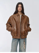Imported Waxed Sheep Leather Retro Work Jacket Coat for Women "Fashionable Luke"