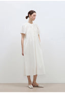 "First Love Island" Cotton Stand Collar Pleated Short Sleeve Shirt Dress for Women