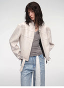Retro Sheepskin Stand Collar Short Motorcycle Jacket “Caramel Mountain”
