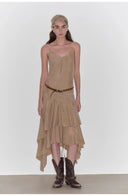 "Heart-Beating Invitation" Lazy Copper-Ammonia Rayon V-Neck Irregular Adjustable Mid-Length Suspender Dress