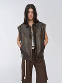 "Barn Feelings" Vintage Distressed Vegetable Tanned Sheepskin Sleeves Removable Two-Way Genuine Leather Jacket