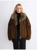 Custom-Woven Flocked Denim, Detachable Raccoon Fur Collar, 90% White Goose down Jacket, Loose Parka for Women
