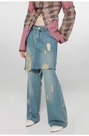 Tencel Blended Fake Two-Piece Stitching Jeans Women'S Ripped Raw Edge Straight Wide-Leg Pants"Fashionable Sniper"