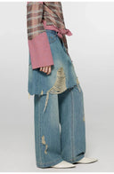Tencel Blended Fake Two-Piece Stitching Jeans Women'S Ripped Raw Edge Straight Wide-Leg Pants"Fashionable Sniper"