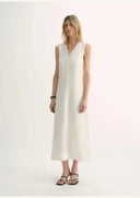 Lightweight and Zero-Pressure Cupro Linen Textured Anti-Wrinkle V-Neck Sleeveless A-Line Dress