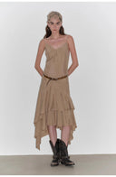 "Heart-Beating Invitation" Lazy Copper-Ammonia Rayon V-Neck Irregular Adjustable Mid-Length Suspender Dress