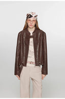 Retro Sheepskin Stand Collar Short Motorcycle Jacket “Caramel Mountain”